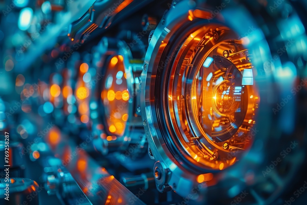 Close-up view of high-tech machinery with orange illuminated gears and circular patterns Close-up view of high-tech machinery with orange illuminated gears and circular patterns