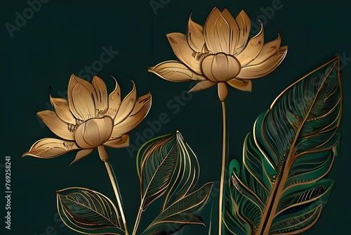 Abstract dark green background with golden exotic flowers in line art style. Hand drawn floral botanical banner for wallpaper design, decor, wall Generative AI