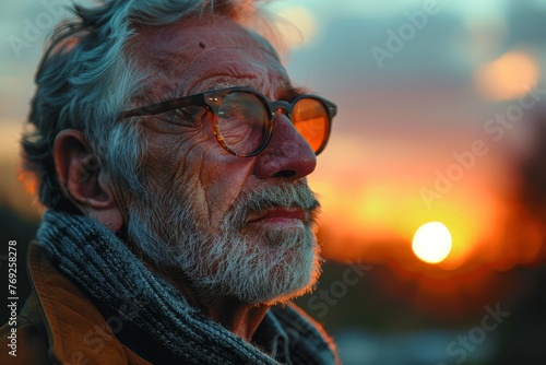 An elderly man with profound life experience is captured in a close-up, with a golden sunset background