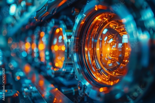 Close-up view of high-tech machinery with orange illuminated gears and circular patterns