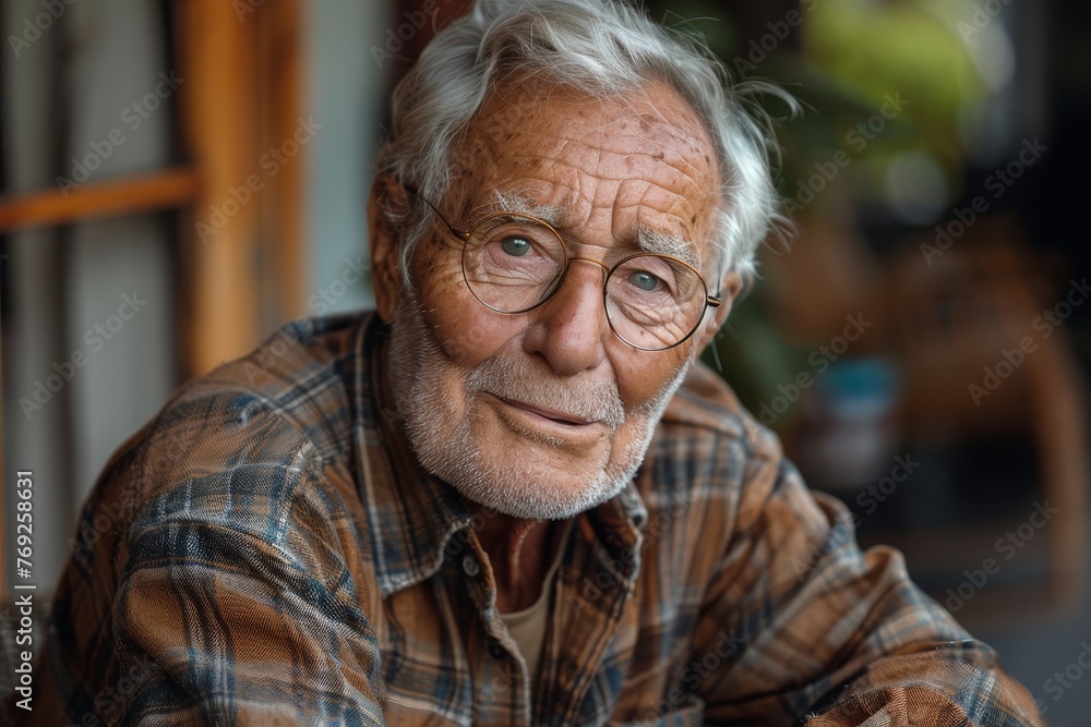 Evocative image highlighting the leisurely moment of an elderly man in a plaid shirt enjoying a cup of coffee Evocative image highlighting the leisurely moment of an elderly man in a plaid shirt enjoying a cup of coffee