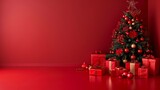 Traditional christmas tree with golden baubles and gifts on red background, festive holiday concept