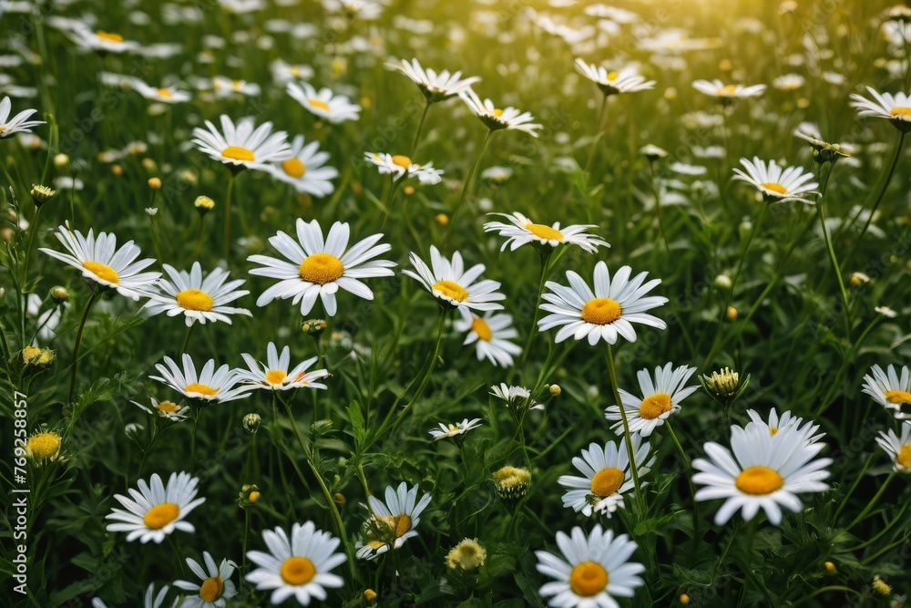 Beautiful spring and summer natural landscape with blooming field of daisies in the grass in the hilly countryside. Beautiful spring and summer natural landscape with blooming field of daisies in the grass in the hilly countryside.