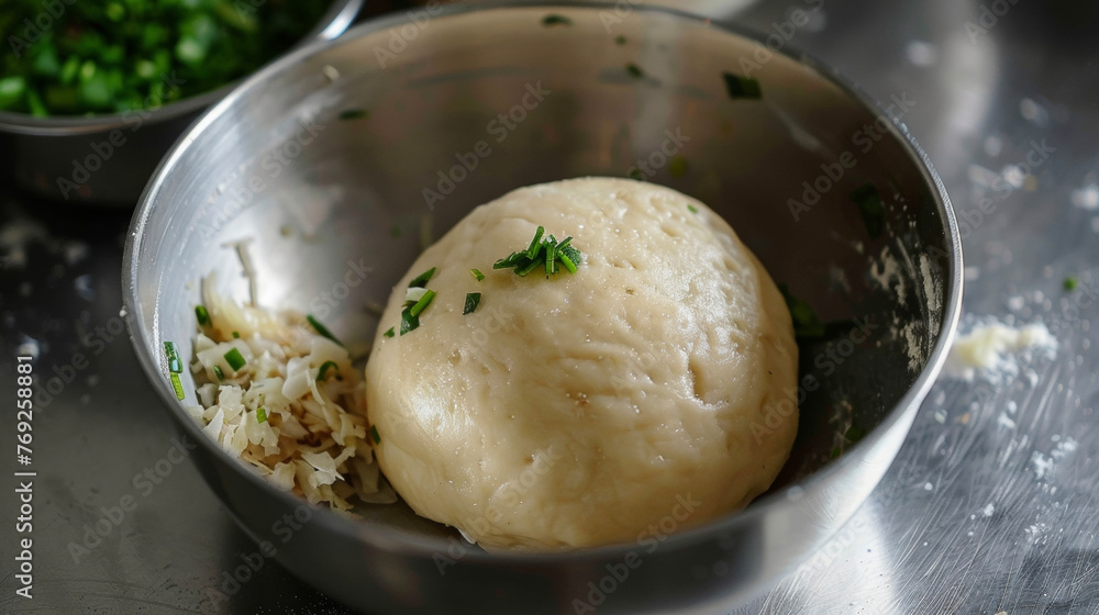 A metal bowl filled with food placed next to a bowl of broccoli on a table. A metal bowl filled with food placed next to a bowl of broccoli on a table.