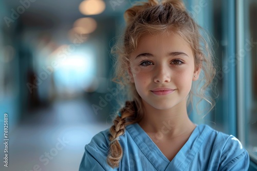 Young girl with a braided hairstyle, wearing blue medical scrubs, smiles confidently in a bright hospital corridor photo