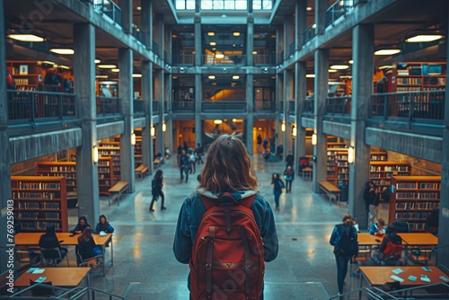 A young student with a red backpack stands contemplating the vast space of a contemporary, well-lit library full of books and people studying