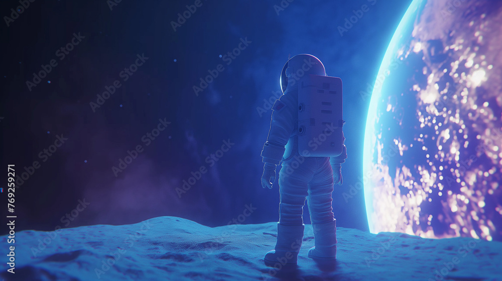 Obraz premium Astronaut on foreign planet in front of spacetime portal light. Science fiction universe exploration. 3D render