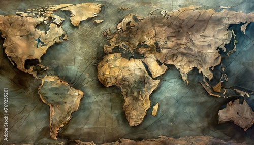 A close-up of an old, weathered world map, focusing on the intricate lines and faded colors
