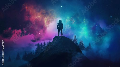 Astronaut is standing on the mountain in the forest seeing view with colorful