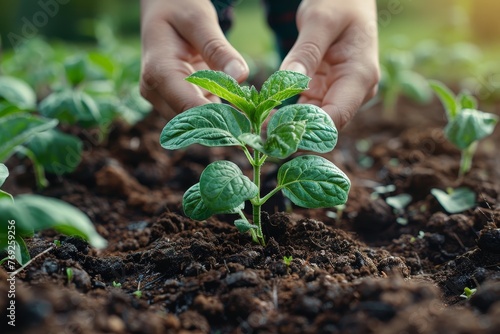 Hands gently surrounding a young plant in fertile soil, depicting growth, care, and sustainable agriculture