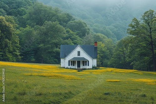 A serene white house surrounded by a vibrant field of yellow wildflowers and dense green forest background