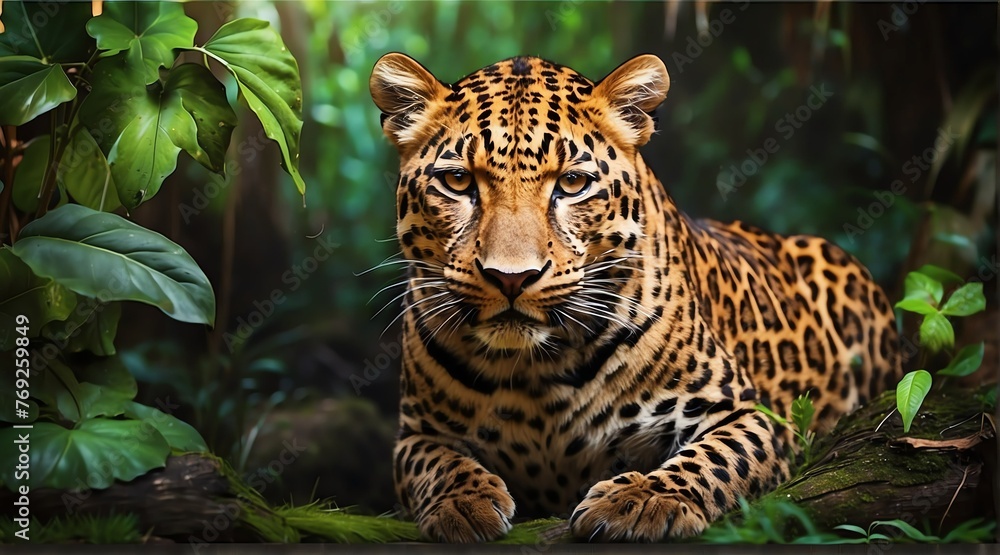 A Leopard in jungle forest background from Generative AI A Leopard in jungle forest background from Generative AI