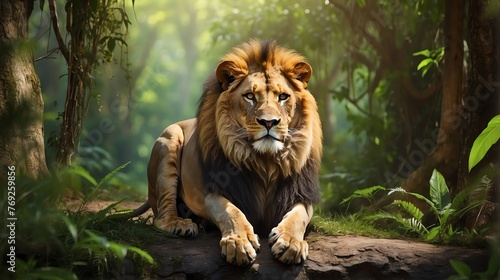 a lion in jungle forest background from Generative AI