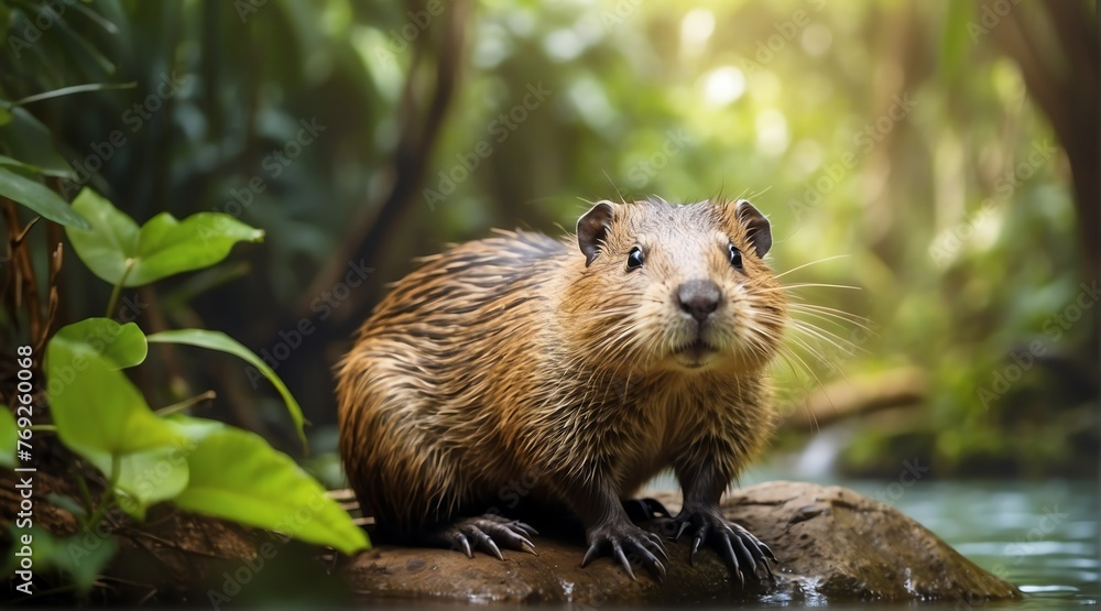 A nutria in jungle forest background from Generative AI A nutria in jungle forest background from Generative AI
