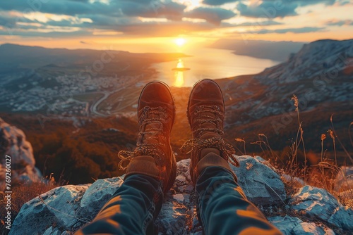 Hiker resting on an elevation with feet dangling over a cliff, framing a beautiful sunset over a landscape