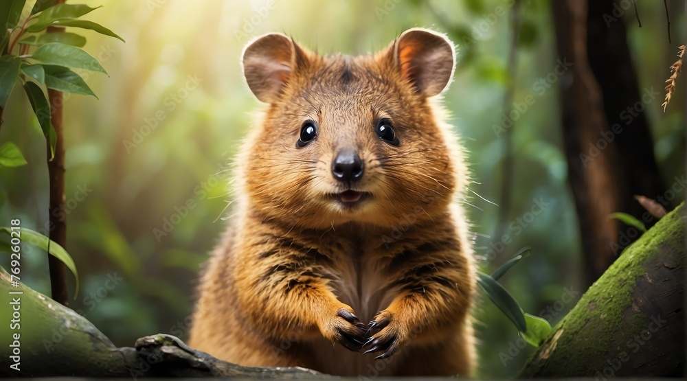 A Quokka in jungle forest background from Generative AI A Quokka in jungle forest background from Generative AI