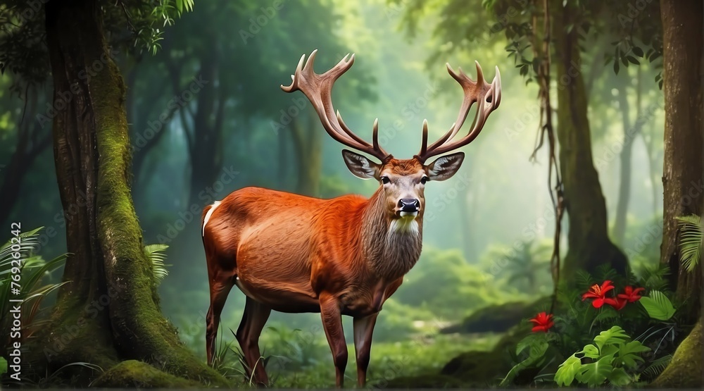 A red deer in jungle forest background from Generative AI