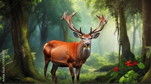 A red deer in jungle forest background from Generative AI