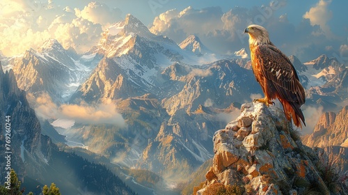 Accipitridae bird perched on rocky mountain peak overlooking sky and clouds