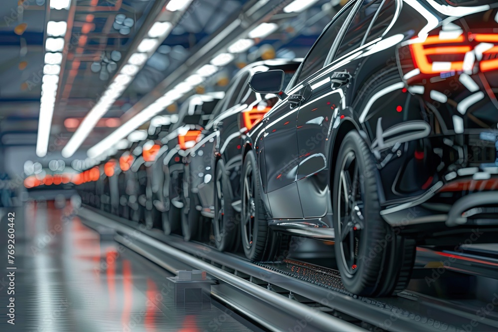 Cars on the production line in a factory. 3d rendering of unfinished cars in a row on the conveyor in an automobile assembly line
