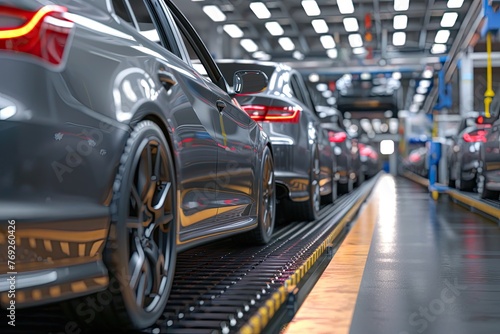 Cars on the production line in a factory. 3d rendering of unfinished cars in a row on the conveyor in an automobile assembly line © Barra Fire