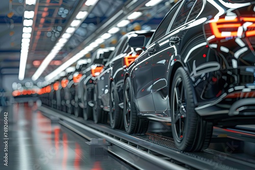 Cars on the production line in a factory. 3d rendering of unfinished cars in a row on the conveyor in an automobile assembly line photo