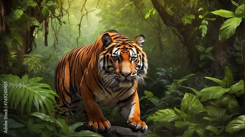 Fototapeta Naklejka Na Ścianę i Meble -  A tiger in jungle forest background from Generative AI