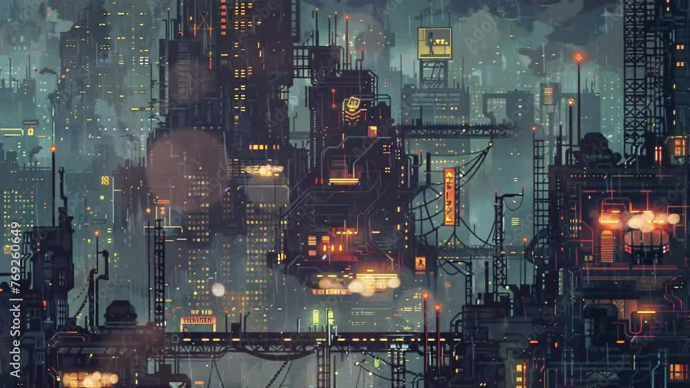 pixel art cyberpunk metropolis background . seamless looping overlay 4k virtual video animation background