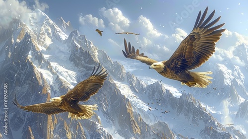 Two Accipitridae birds of prey soar over a snowcapped mountain