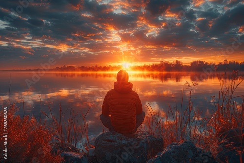 A serene image of a person meditating by a tranquil lake as the sun sets  evoking peace and self-reflection