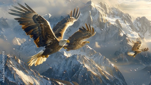 Three Accipitridae birds of prey soar over a snowy Falconiformes mountain