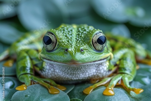 A vivid green frog rests on dewy leaves  offering a close-up view of this amphibian s textured skin