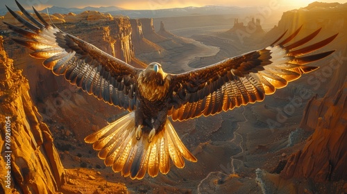 Accipitridae bird soaring over canyon in Falconiformes ecoregion at sunset photo
