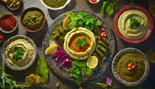  spread of mezze dishes like hummus, tabbouleh, and stuffed grape leaves,  photo