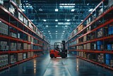 Forklift-truck loading packed goods in huge distribution warehouse with high shelves