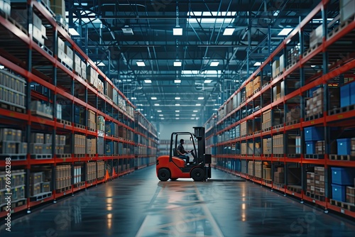 Forklift-truck loading packed goods in huge distribution warehouse with high shelves