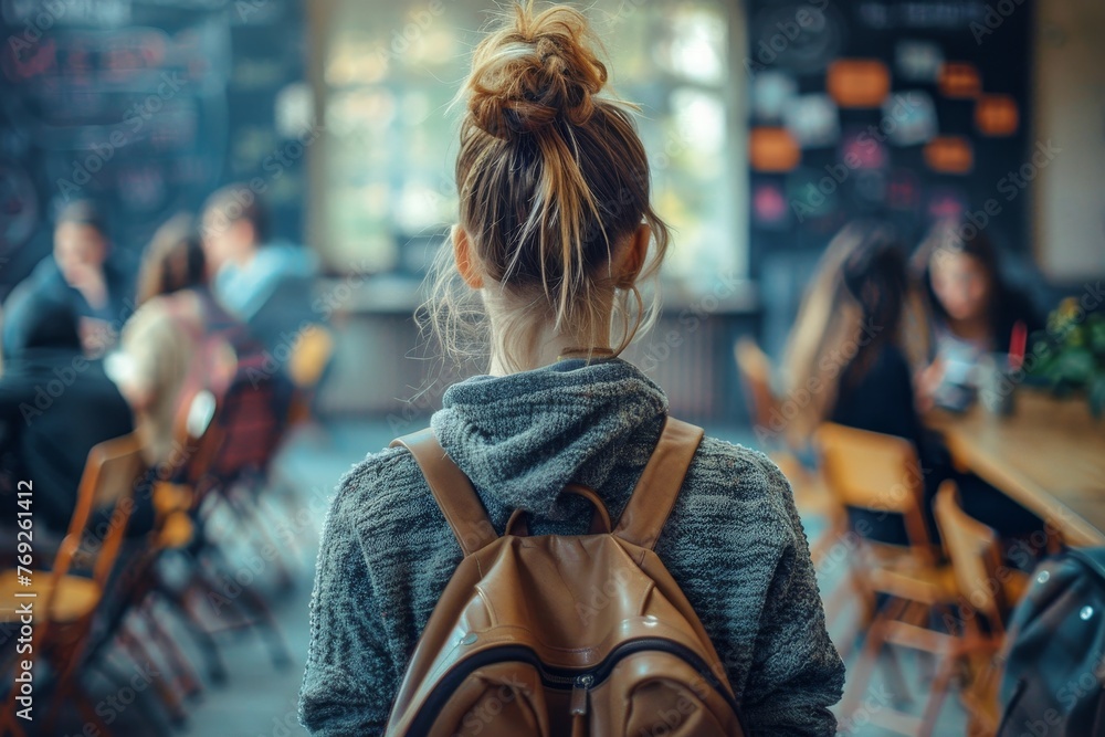 Image of a young woman facing away, contemplating a cafe menu on a chalkboard in a bustling shop Image of a young woman facing away, contemplating a cafe menu on a chalkboard in a bustling shop