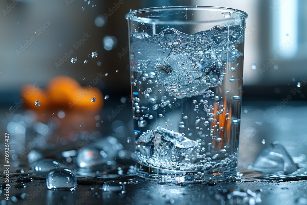 A close-up shot capturing the dynamic moment an ice cube plunges into a glass of water, causing a splash and bubbles A close-up shot capturing the dynamic moment an ice cube plunges into a glass of water, causing a splash and bubbles