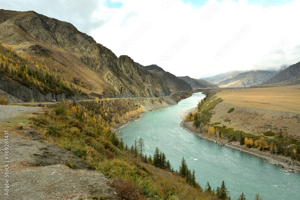 View from the top to the bend and straight channel of a beautiful river with coniferous trees on its banks flowing through a picturesque autumn valley.