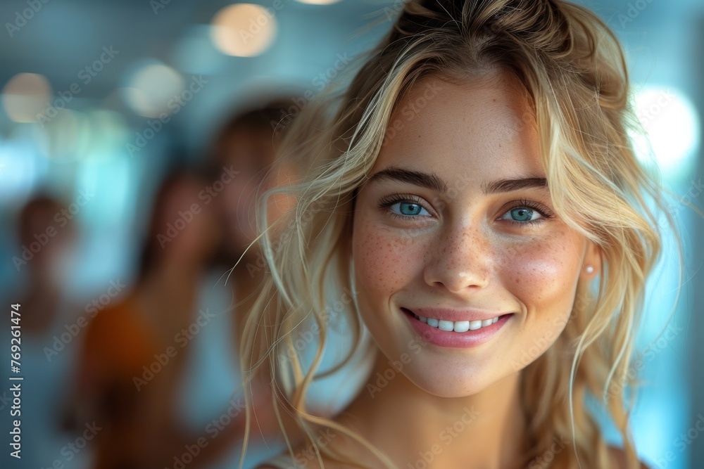 Close-up of an attractive young woman with blonde hair and freckles, smiling in a well-lit environment Close-up of an attractive young woman with blonde hair and freckles, smiling in a well-lit environment