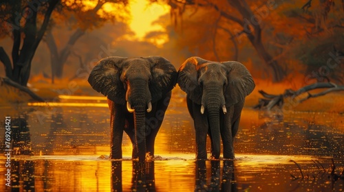 Two elephants standing in water in natural landscape