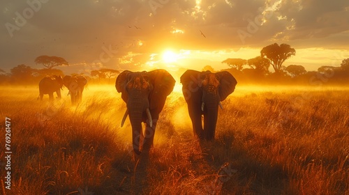 Elephants roam at sunset through a field, creating a majestic natural landscape
