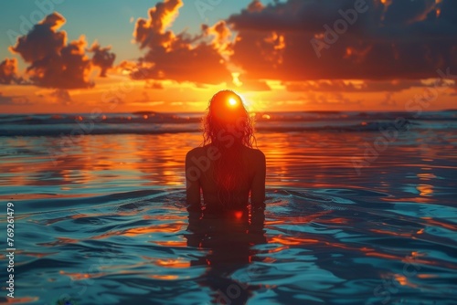 Silhouette of a lone woman standing in the ocean  with a dramatic sunset in the backdrop