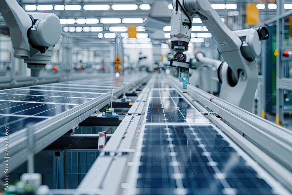 Large Production Line with Industrial Robot Arms at Modern Bright Factory. Solar Panels are being Assembled on Conveyor. Automated Manufacturing Facility 