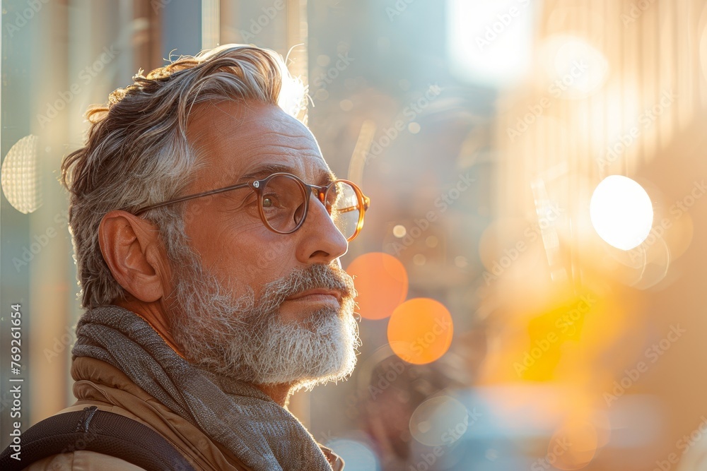 Fototapeta premium An older individual is seen from behind looking pensively into the distance as sunlight streams around them