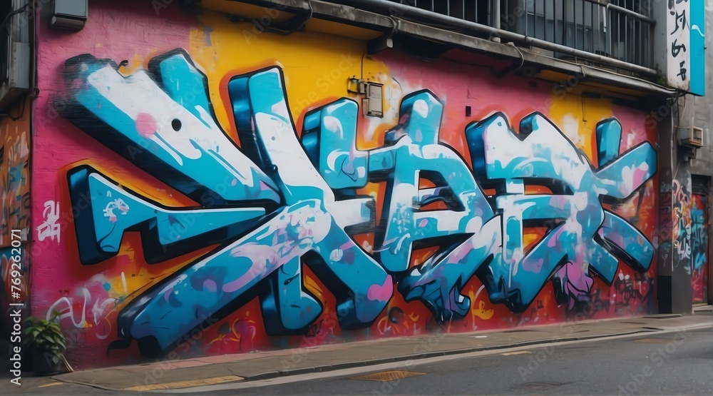 Fototapeta premium A close-up shot of weathered graffiti on a city wall, showcasing the vibrant colors and intricate details of street art as a reflection of urban culture background banner template ad marketing concept