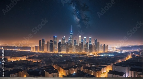 A panoramic view of a city skyline illuminated by the glow of city lights against a starry night sky, capturing the juxtaposition of urban hustle and natural beauty from Generative AI