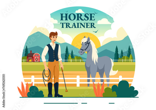 Equestrian Sport Horse Trainer Vector Illustration with Training, Riding Lessons and Running Horses in Flat Cartoon Background Design