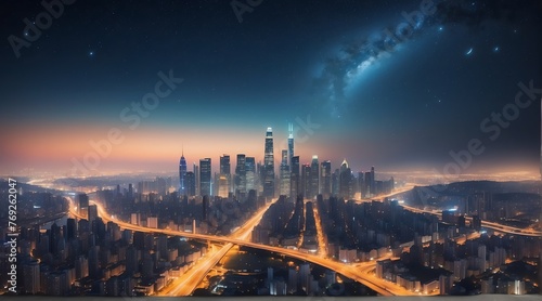 A panoramic view of a city skyline illuminated by the glow of city lights against a starry night sky, capturing the juxtaposition of urban hustle and natural beauty from Generative AI