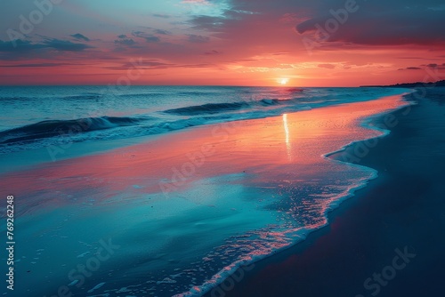 The picturesque scene of a crimson sunset over the beach with gentle waves coming ashore under a dramatic sky